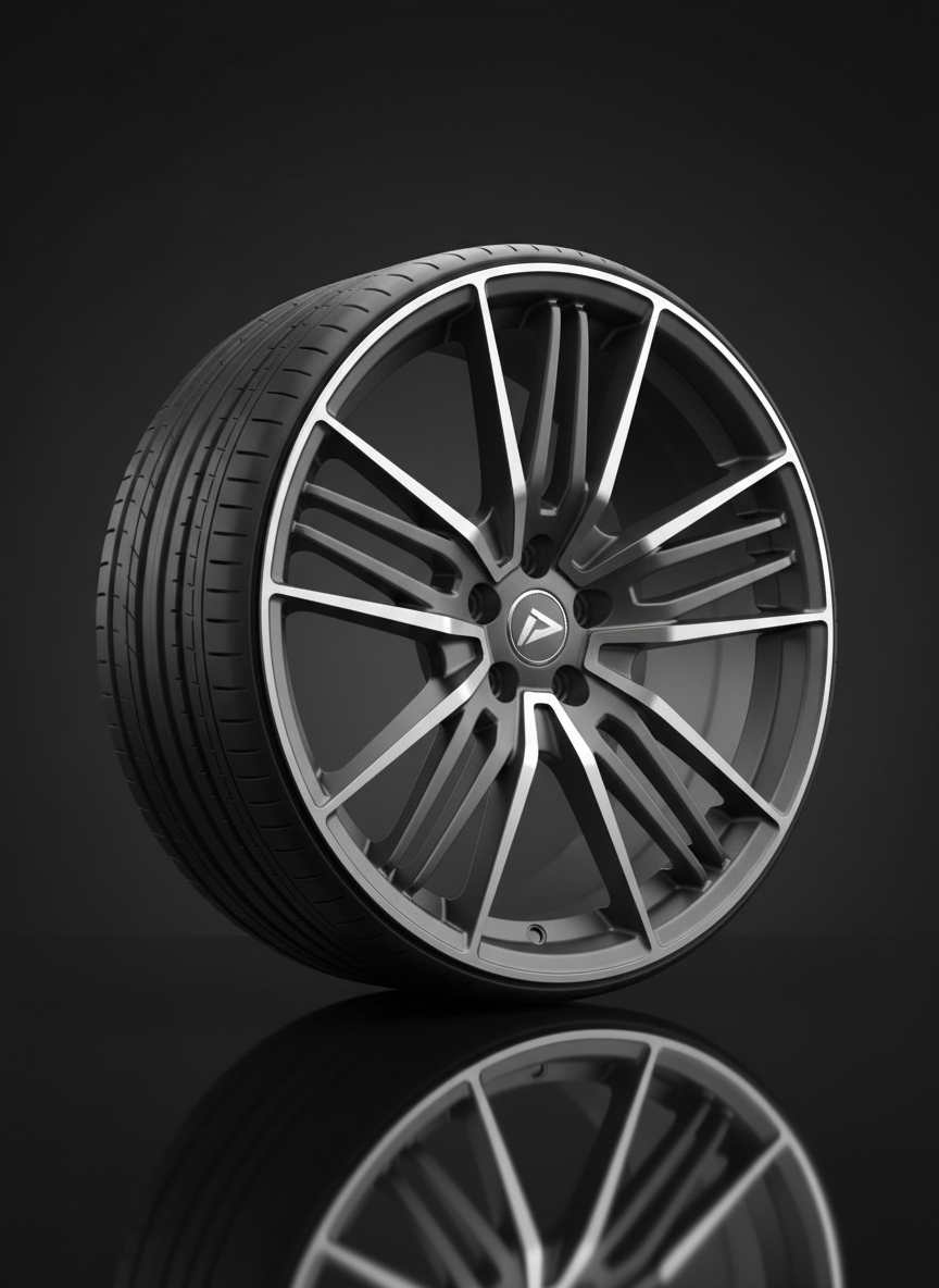 A single high-performance alloy wheel in immaculate condition, finished in matte gunmetal gray with finely machined silver edges and detailed spokes, standing upright on a reflective black surface. Subtle tire tread is visible, clean and unworn, emphasizing its newness. The background fades into a soft, dark gradient that keeps all attention on the wheel. Directional studio lighting from the upper left creates crisp highlights along the contours and a controlled rim light tracing its outer edge, with a faint reflection beneath. Captured in photographic realism from a low, three-quarter angle to enhance its presence and strength, the image feels bold, precise, and engineered, perfectly suited for a professional performance-focused car parts site.