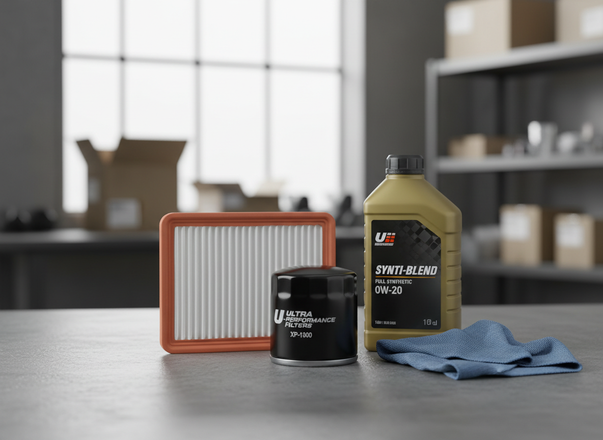 A detailed close-up of a pristine, high-quality air filter and matching oil filter set arranged neatly on a smooth concrete work surface, alongside a sealed bottle of synthetic motor oil and a clean, folded microfiber cloth. The air filter’s crisp pleats and rubber edging are sharply defined, while the oil filter’s glossy black canister reflects subtle highlights. Neutral, diffused light from a nearby workshop window softens the scene, with gentle shadows adding depth. The background shows a softly blurred hint of neatly stored parts boxes on shelves. Captured in photographic realism with a slightly elevated angle and moderate depth of field, the mood is practical, trustworthy, and service-oriented, perfect for an auto parts business emphasizing maintenance components.