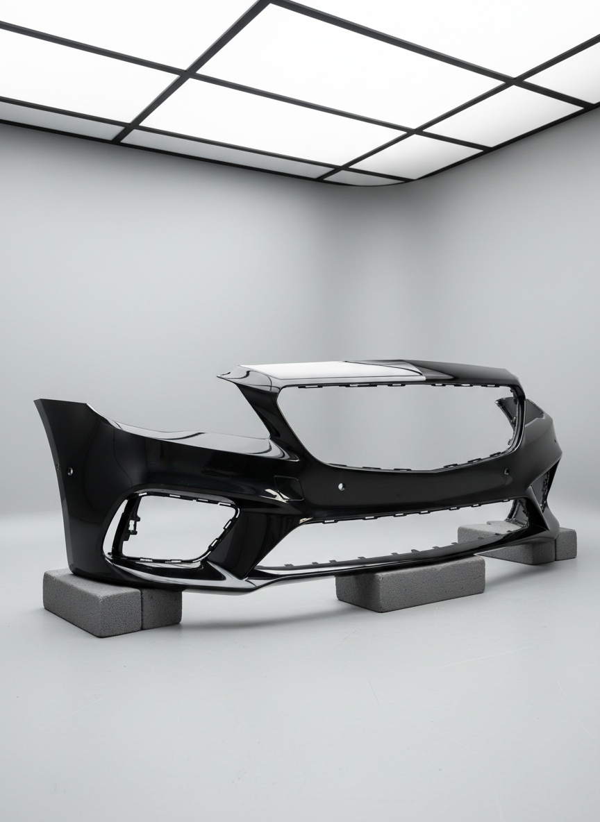 A brand-new, factory-fresh front bumper for a modern sedan, painted in a deep metallic black with a mirror-smooth clear coat, resting on padded foam blocks in a clean, light gray studio environment. Integrated fog light housings, grille openings, and crisp body lines are clearly visible, highlighting its perfect fit and finish. Bright, diffused overhead studio lighting evenly illuminates the bumper, creating soft, continuous reflections along its curves without harsh hotspots. Captured from an eye-level, slightly angled perspective, the bumper dominates the frame while the neutral background keeps the focus on its contours. The photographic realism and minimalist, professional setting communicate quality, attention to detail, and readiness for installation, ideal for a Bumper to Bumper car parts brand.