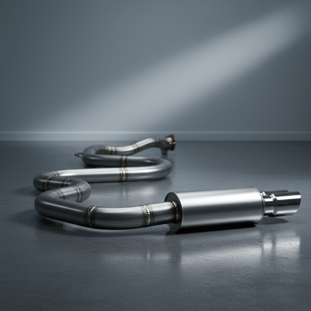 A specialty high-flow stainless steel exhaust system laid out in a sweeping curve across a smooth, charcoal-gray studio floor, showing mandrel-bent tubing, TIG-welded joints, and a brushed metal muffler with polished end tips. Each weld bead is crisp and uniform, reinforcing craftsmanship and quality. Cool, directional studio lighting from the side highlights the curvature and metallic texture, creating a subtle gradient of reflections along the pipes while leaving the background understated and unobtrusive. Shot in photographic realism from a low, wide-angle perspective, the system appears dynamic and sculptural. The mood is refined yet performance-focused, perfectly suited for a niche product page highlighting premium exhaust components from a professional Bumper to Bumper car parts supplier.