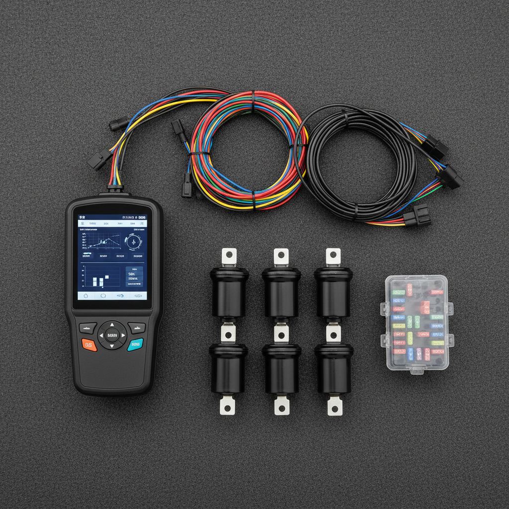 A high-tech diagnostic OBD-II scanner resting beside an array of pristine electrical car parts, including new wiring harnesses with color-coded insulation, glossy black ignition coils, and a compact fuse box with transparent covers, all laid out on a matte anti-static mat. The scanner’s screen displays a clean, blue-toned interface with no visible brand. Overhead LED task lighting produces crisp, neutral illumination, accentuating fine details of the connectors and cable textures while casting minimal shadows. Photographic realism and a top-down, flat-lay composition create a sense of order and technical sophistication. The atmosphere feels modern, precise, and data-driven, ideal for showcasing electronic and diagnostic components for a professional car parts retailer.