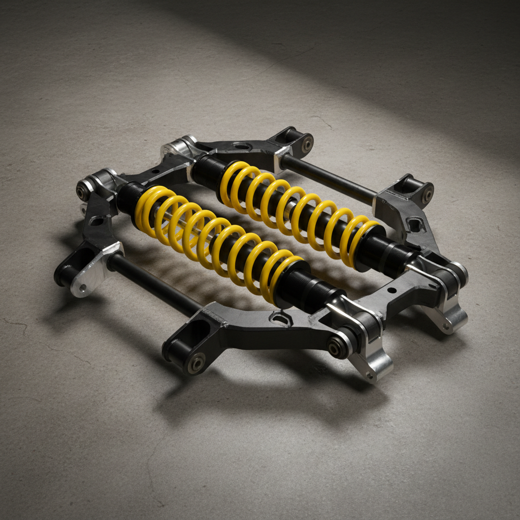 A rugged yet spotless off-road suspension kit arranged diagonally across a neutral, textured backdrop, featuring heavy-duty coilover shocks with bright yellow springs, black anodized control arms, and precision-machined mounting brackets. Each component displays subtle machining marks and pristine powder-coated finishes. Directional studio lighting from the upper right creates bold highlights and defined shadows that emphasize the geometry and strength of the parts. Captured in photographic realism from a three-quarter, slightly elevated angle, the composition uses asymmetrical balance to keep the viewer’s eye moving along the length of the kit. The mood is powerful, engineered, and adventure-ready, tailored for a professional car parts site targeting off-road and performance enthusiasts.