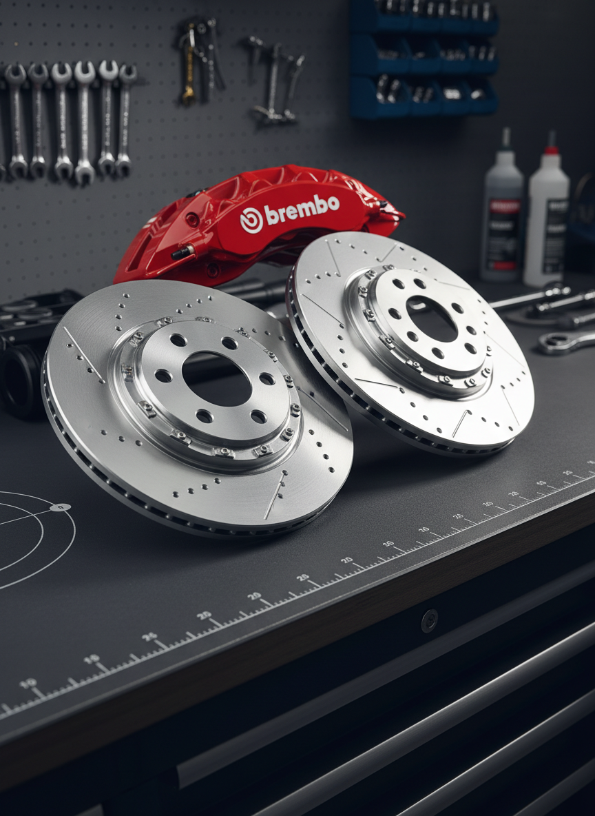 An impeccably clean pair of ventilated brake discs and bright red performance calipers positioned diagonally on a smooth, dark graphite workbench surface, with faintly visible measurement markings etched into the table. The metallic discs show detailed cross-drilling and slotted patterns, while the calipers have a flawless, high-gloss finish. Focused studio lighting from the side creates dramatic highlights along the disc edges and subtle reflections on the calipers, casting controlled shadows that emphasize depth. The background gently falls into a soft blur, suggesting an organized workshop environment with neatly arranged tools. Photographic realism and a rule-of-thirds composition draw attention to the hardware’s precision, creating a confident, professional, performance-oriented mood ideal for marketing braking components.