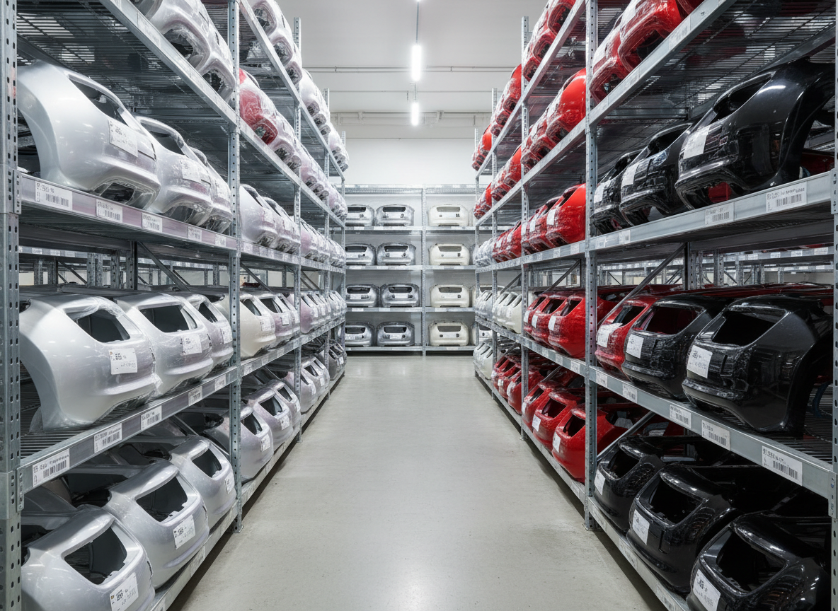A precisely organized shelving bay in a pristine warehouse, filled exclusively with labeled car bumpers and exterior body panels in protective plastic wrap. Each shelf holds color-coded parts—silver, white, red, and black—stacked with consistent spacing, their shapes forming a rhythmic pattern. The industrial metal racks are spotless, with clear part number tags visible on the front edges. Cool, even LED lighting from above bathes the scene, creating soft, uniform shadows and a sense of order. Shot in photographic realism from a straight-on, eye-level angle with sharp focus from front to back, the composition emphasizes efficiency, inventory depth, and professionalism, conveying a reliable, well-managed car parts supplier specialized in exterior components.