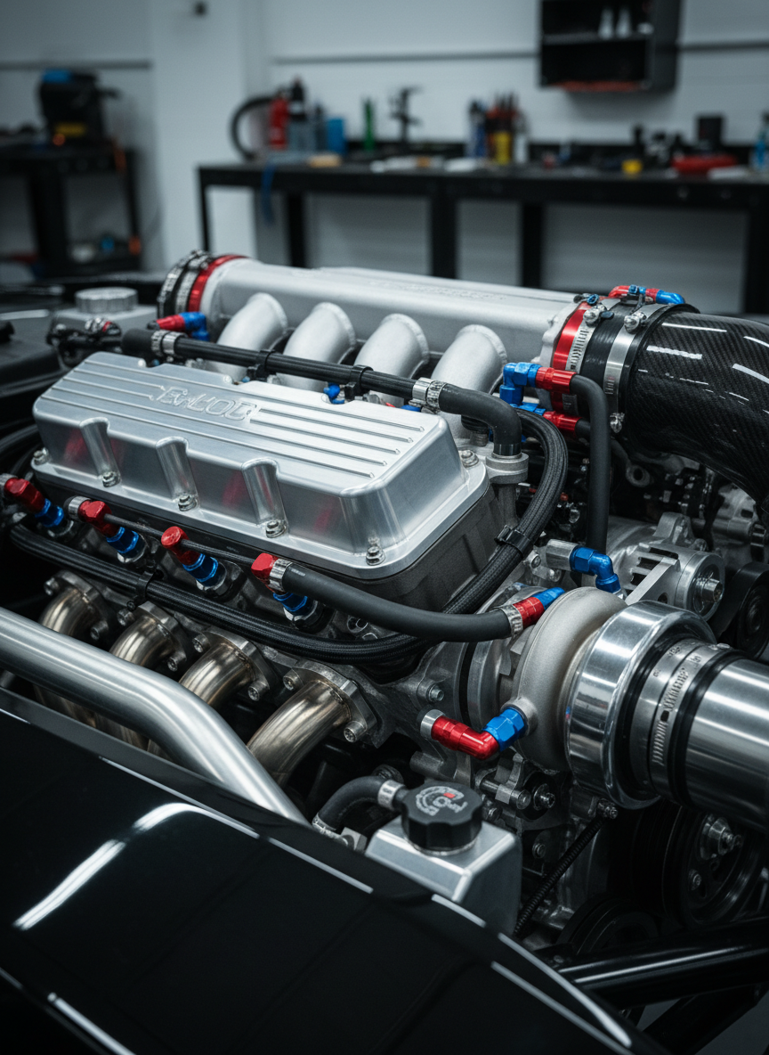 A close-up of an immaculate engine bay featuring a modern performance engine with a brushed aluminum valve cover, neatly routed black hoses, polished metal components, and brightly colored anodized fittings in red and blue. Every surface appears clean and dust-free, showcasing the mechanical detail. The engine sits within a dark, glossy chassis, with subtle reflections hinting at the surrounding structure. Cool, diffused workshop lighting from overhead casts soft highlights on the metal surfaces, revealing textures without harsh glare. Shot at eye level with a slightly shallow depth of field, the central components are tack-sharp while the background gently blurs. The mood is technical, precise, and trustworthy, embodying photographic realism and a professional, engineering-driven aesthetic for a specialty car parts provider.