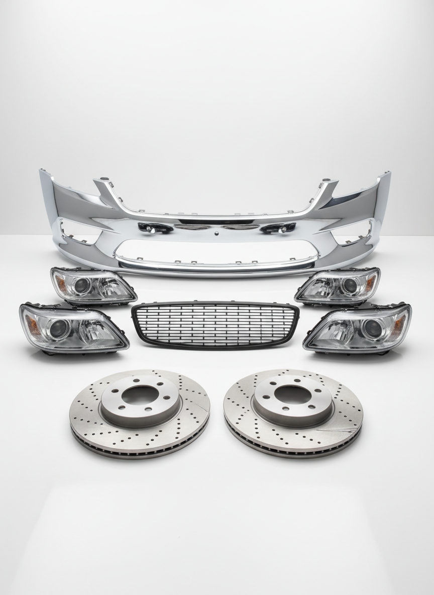 A meticulously arranged selection of pristine car parts displayed on a glossy white surface, including a chrome front bumper, a pair of crystal-clear LED headlights, ventilated brake discs, and a sleek black grille with a subtle metallic mesh pattern. The parts are spaced evenly in a clean grid, emphasizing their sharp edges and flawless finishes. Soft studio lighting from above and slightly to the side creates gentle reflections on the chrome and polished metal, with minimal, controlled shadows for a professional catalog feel. Shot from a slightly elevated, eye-level angle with sharp focus throughout, the composition is balanced and uncluttered. The photographic realism and clean, modern aesthetic convey precision, quality, and reliability, ideal for a professional car parts business homepage.